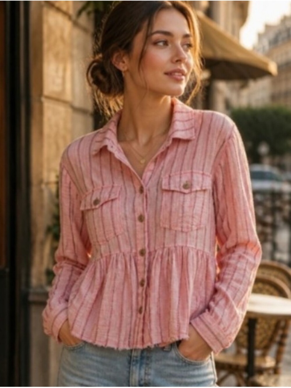 Mystree Washed Pink Striped Peplum Button Down Cotton Shirt Size L